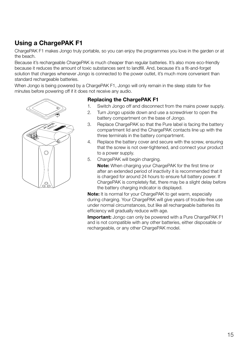 Using a chargepak f1 | Pure Jongo S3 - User Guide User Manual | Page 17 / 20