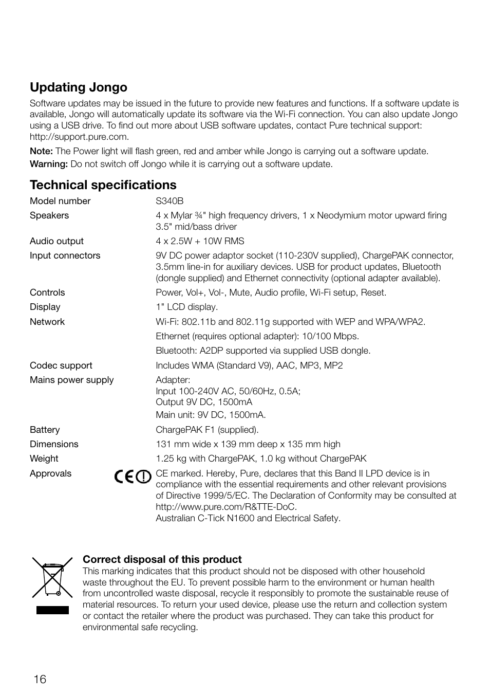 Updating jongo, Technical specifications | Pure Jongo S3 - User Guide User Manual | Page 18 / 20