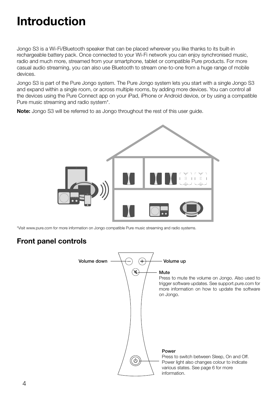 Introduction, Front panel controls | Pure Jongo S3 - User Guide User Manual | Page 6 / 20