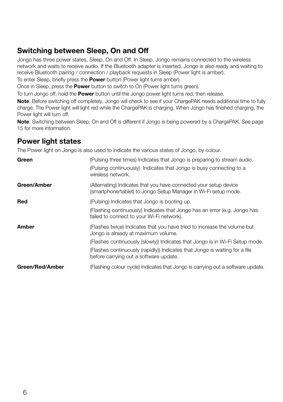 Switching between sleep, on and off, Power light states | Pure Jongo S3 - User Guide User Manual | Page 8 / 20