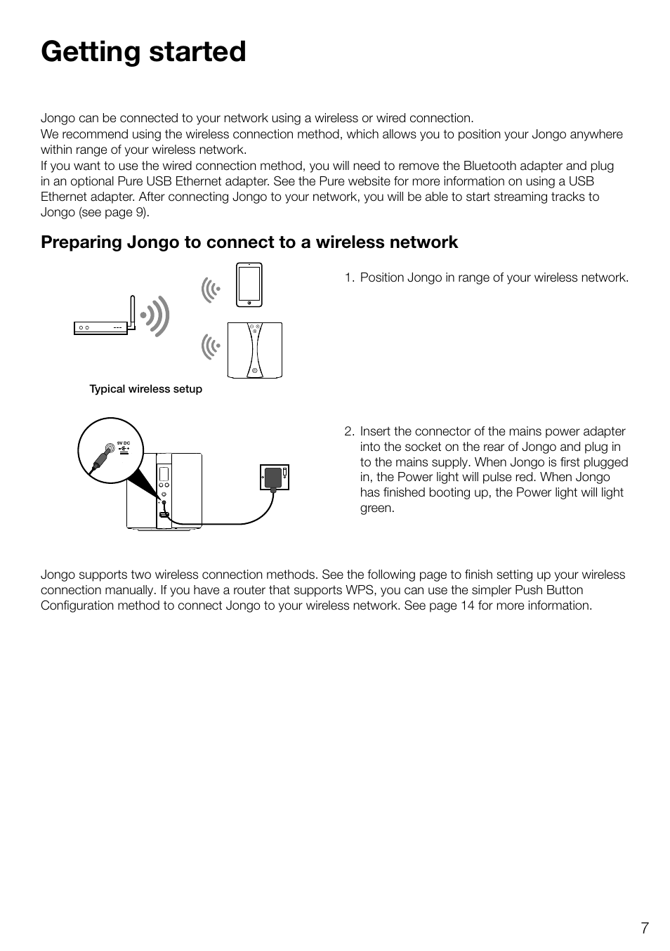 Getting started, Preparing jongo to connect to a wireless network | Pure Jongo S3 - User Guide User Manual | Page 9 / 20