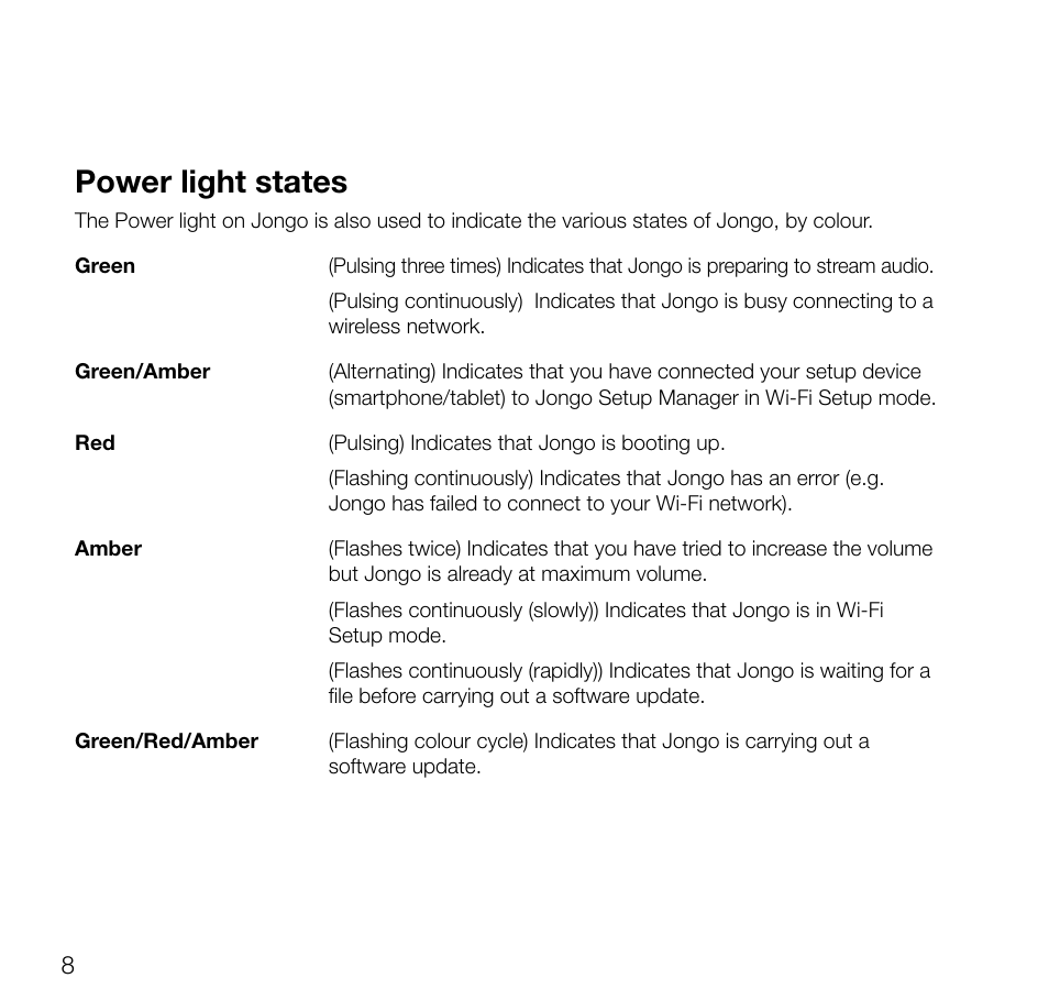 Power light states | Pure Jongo A2 - User Guide User Manual | Page 10 / 24