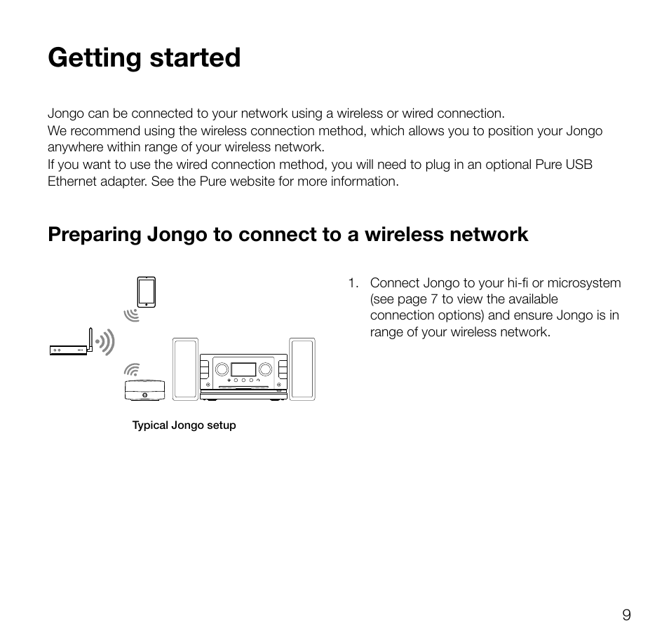 Getting started, Preparing jongo to connect to a wireless network | Pure Jongo A2 - User Guide User Manual | Page 11 / 24