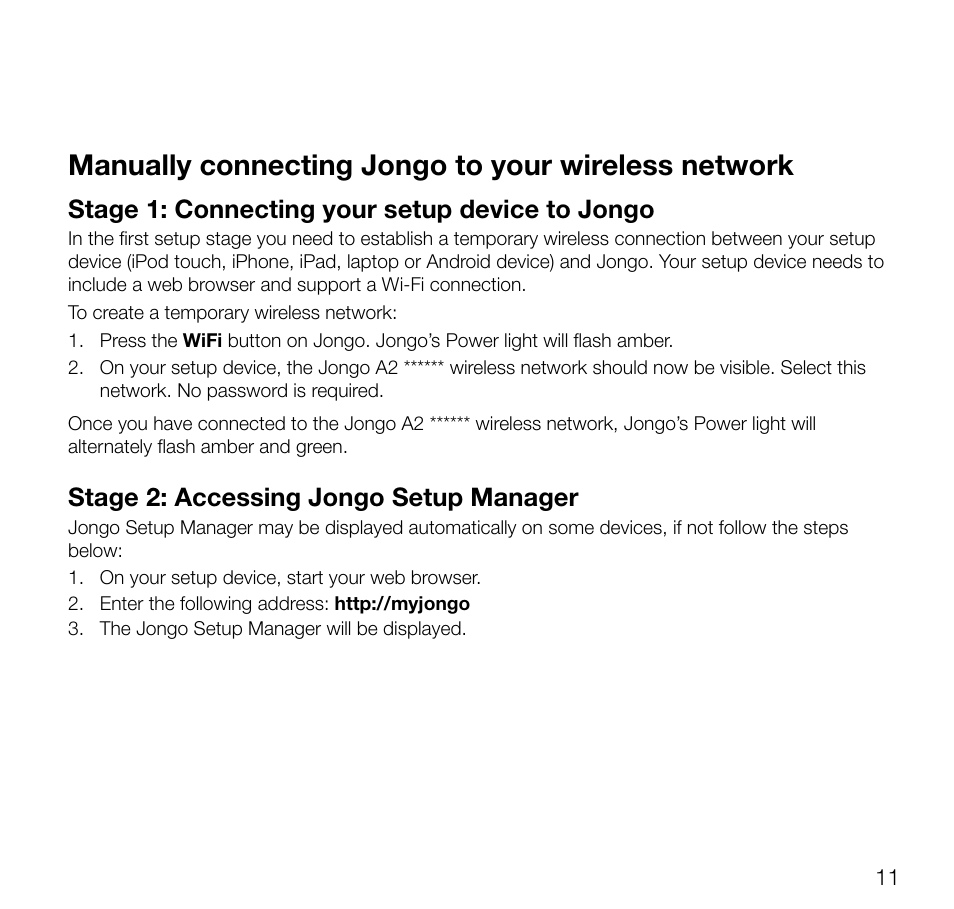 Manually connecting jongo to your wireless network, Stage 1: connecting your setup device to jongo, Stage 2: accessing jongo setup manager | Pure Jongo A2 - User Guide User Manual | Page 13 / 24