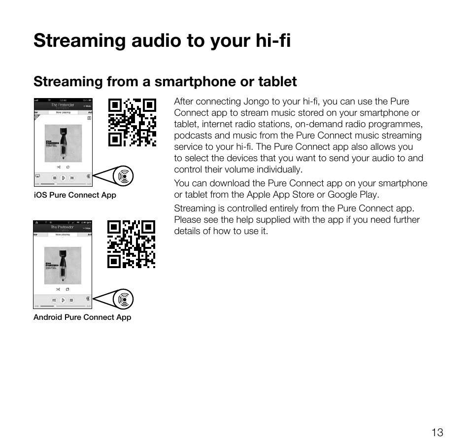 Streaming audio to your hi-fi, Streaming from a smartphone or tablet | Pure Jongo A2 - User Guide User Manual | Page 15 / 24