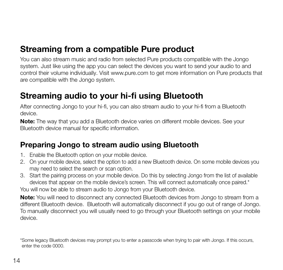 Streaming from a compatible pure product, Streaming audio to your hi-fi using bluetooth, Preparing jongo to stream audio using bluetooth | Pure Jongo A2 - User Guide User Manual | Page 16 / 24
