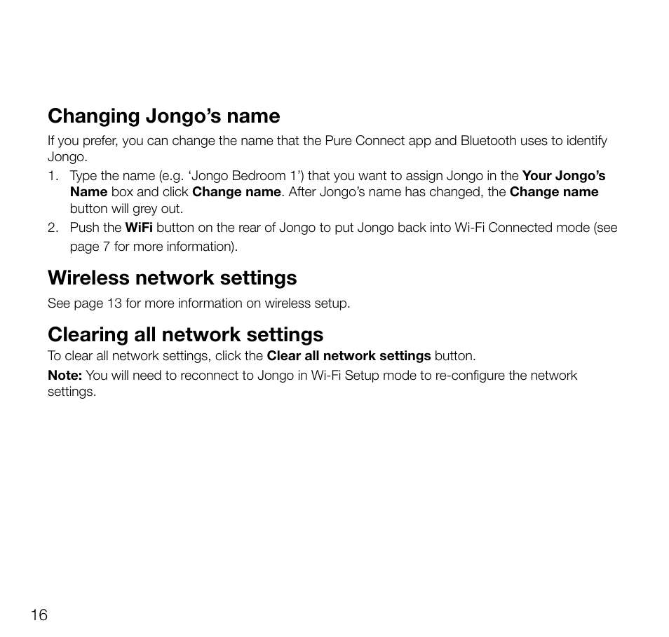Changing jongo’s name, Wireless network settings, Clearing all network settings | Pure Jongo A2 - User Guide User Manual | Page 18 / 24