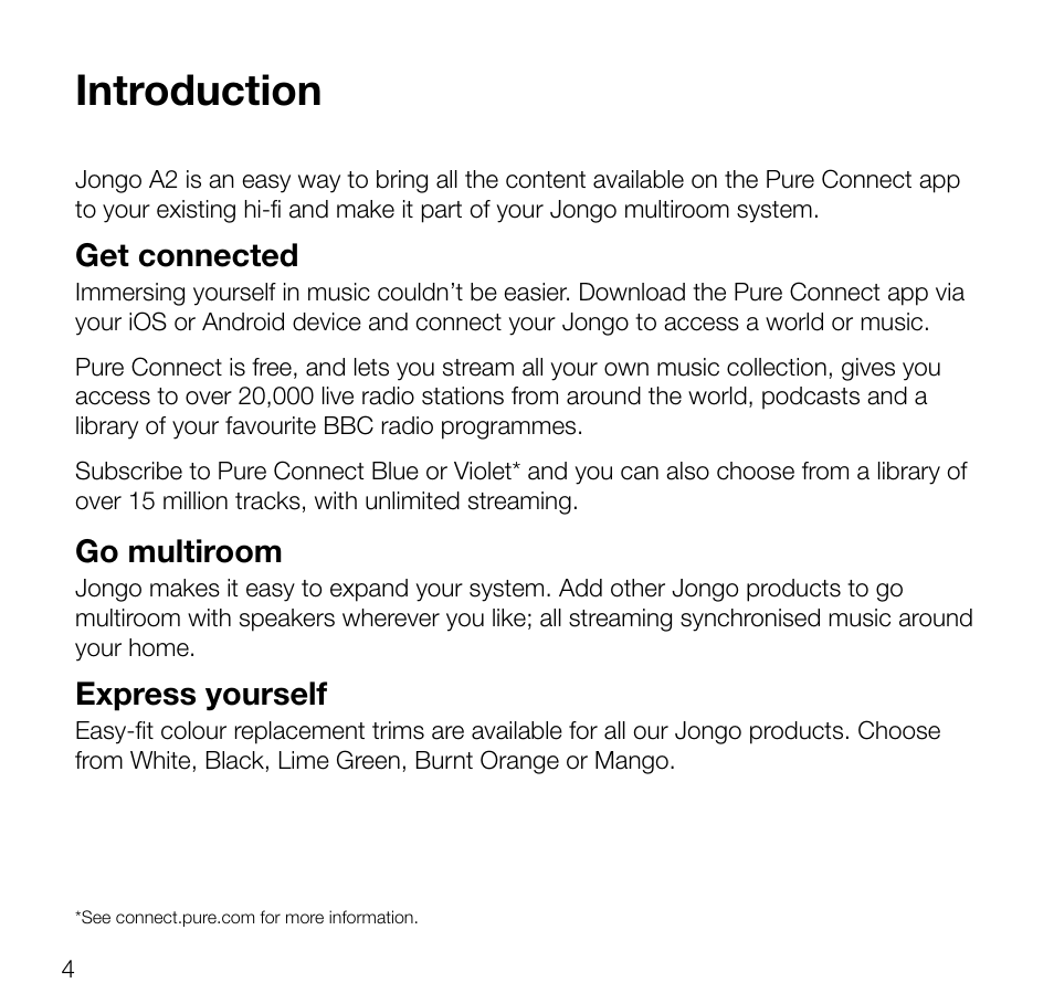 Introduction, Get connected, Go multiroom | Express yourself | Pure Jongo A2 - User Guide User Manual | Page 6 / 24