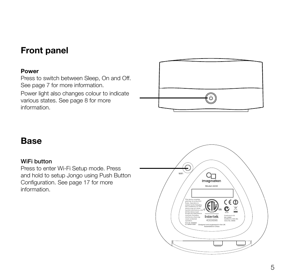 Front panel, Base | Pure Jongo A2 - User Guide User Manual | Page 7 / 24