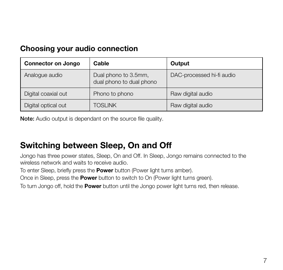 Switching between sleep, on and off, Choosing your audio connection | Pure Jongo A2 - User Guide User Manual | Page 9 / 24