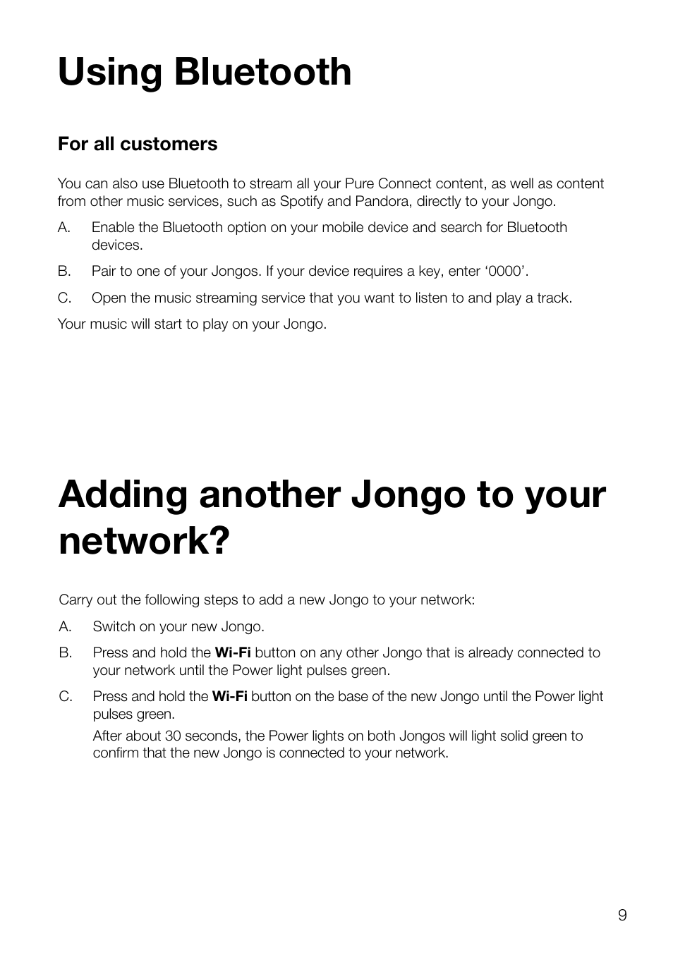 Using bluetooth, Adding another jongo to your network | Pure Jongo A2 - Quick Start Guide User Manual | Page 11 / 14