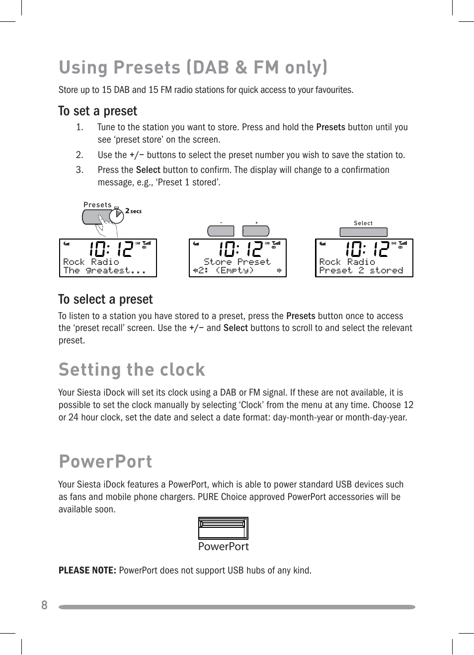 Using presets (dab & fm only), Setting the clock, Powerport | Pure Siesta iDock User Manual | Page 10 / 88