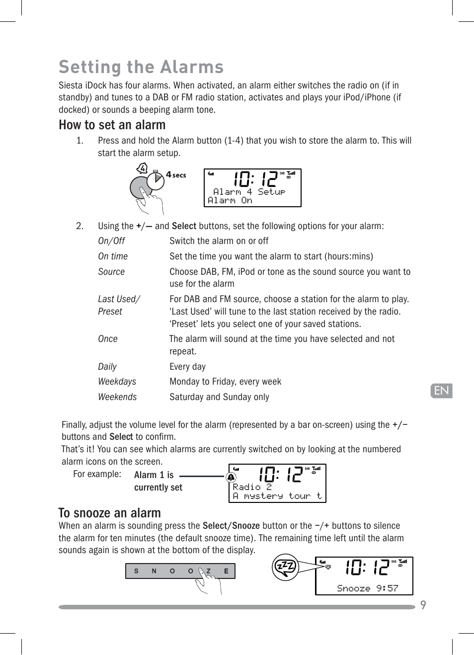 Setting the alarms, How to set an alarm | Pure Siesta iDock User Manual | Page 11 / 88