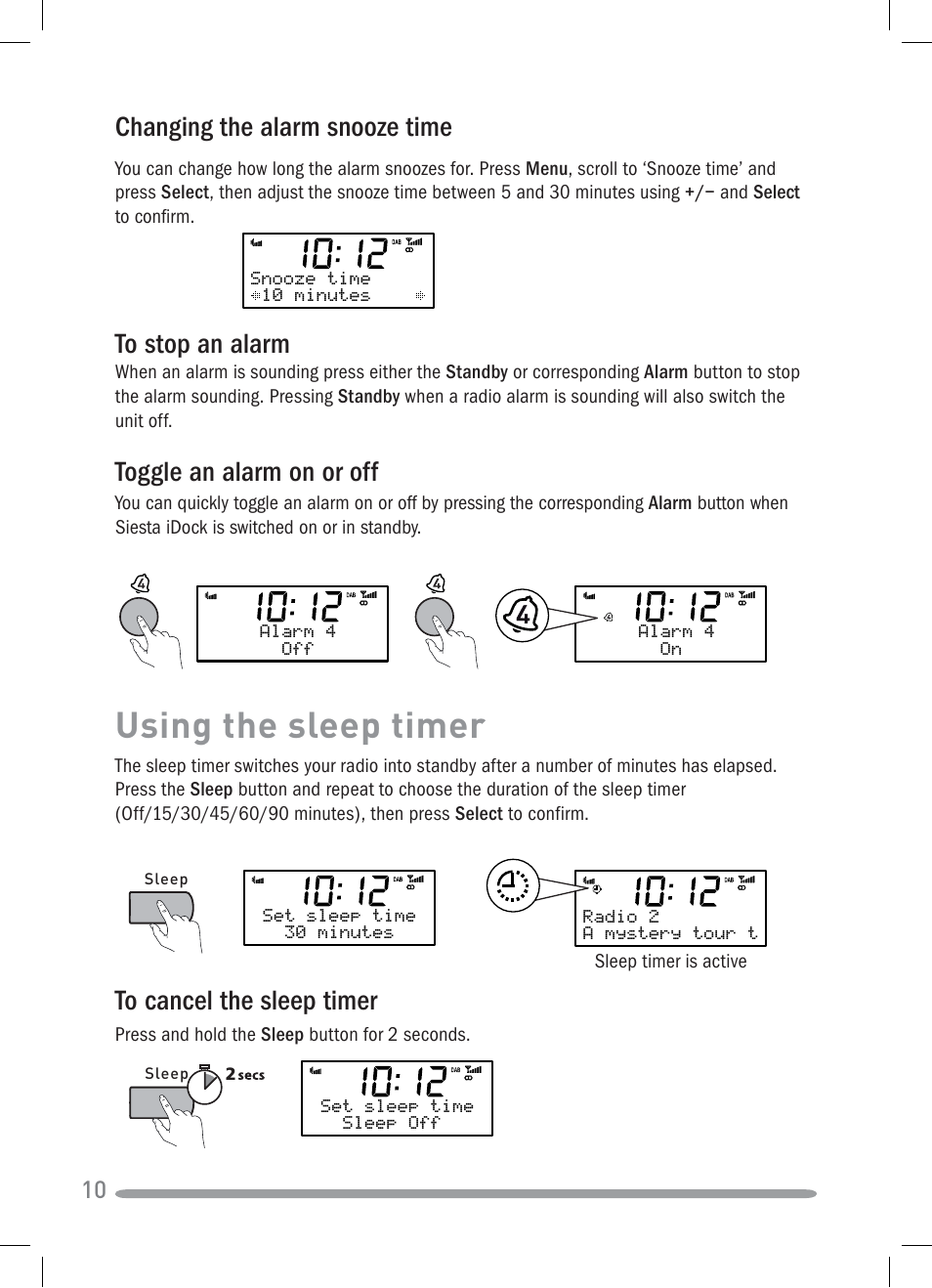 Using the sleep timer, Changing the alarm snooze time, Toggle an alarm on or off | Pure Siesta iDock User Manual | Page 12 / 88