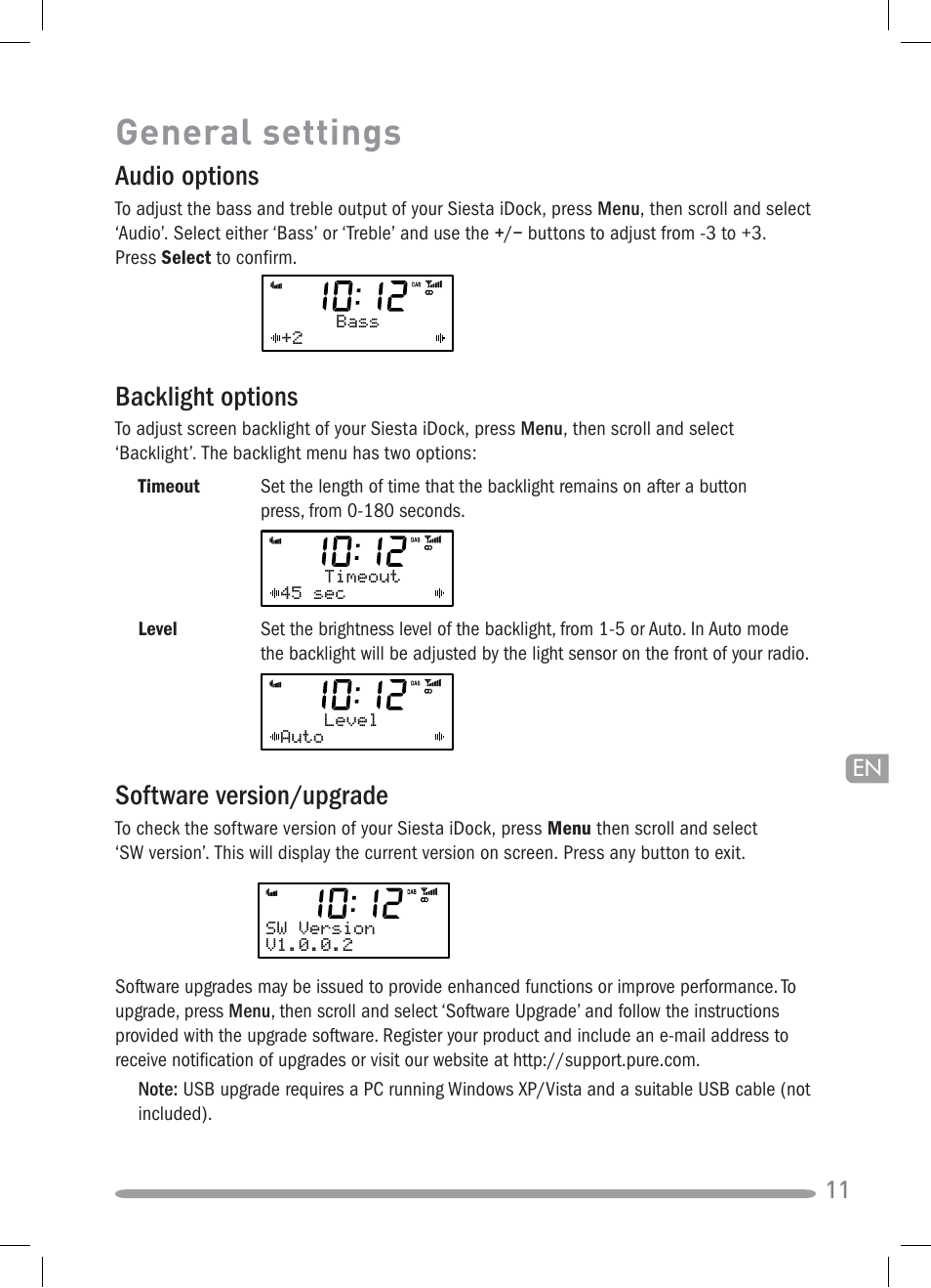 General settings, Audio options, Backlight options | Software version/upgrade | Pure Siesta iDock User Manual | Page 13 / 88