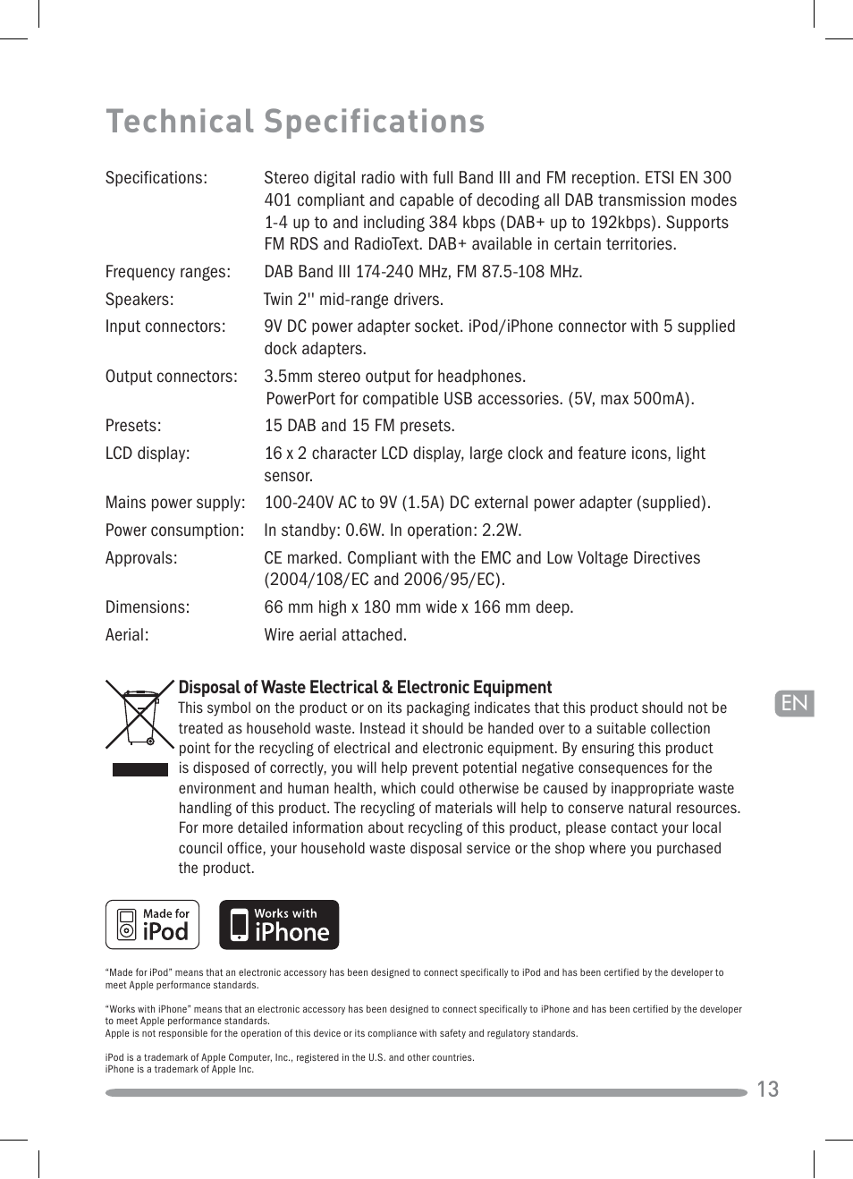 Technical specifications | Pure Siesta iDock User Manual | Page 15 / 88