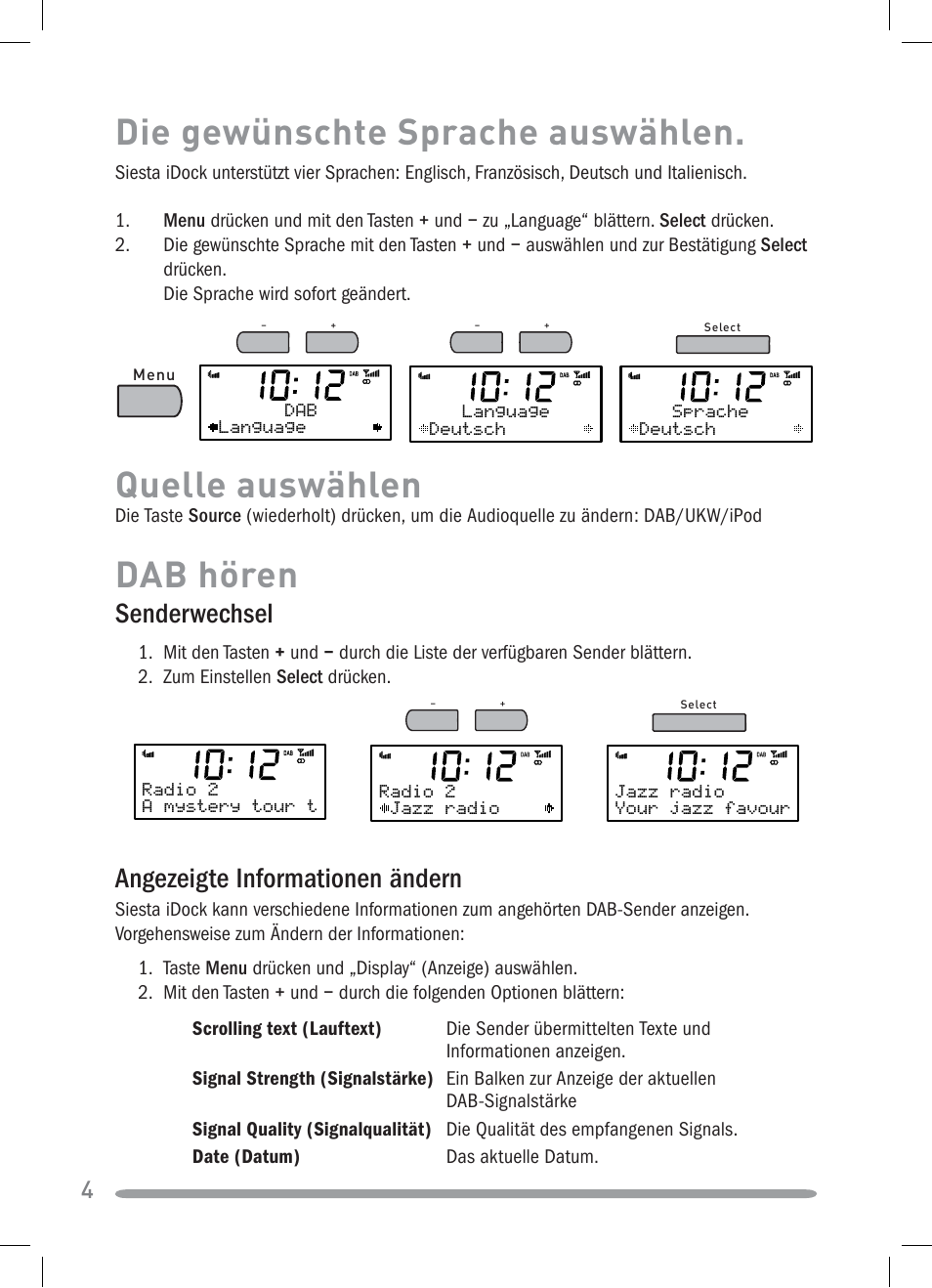 Dab hören die gewünschte sprache auswählen, Quelle auswählen, Senderwechsel | Angezeigte informationen ändern | Pure Siesta iDock User Manual | Page 20 / 88