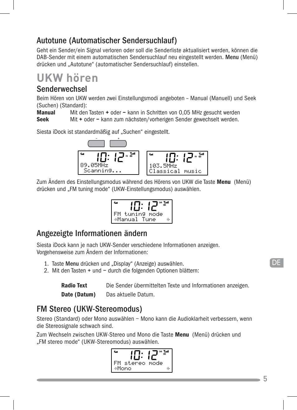 Ukw hören, Senderwechsel, Fm stereo (ukw-stereomodus) | Angezeigte informationen ändern, Autotune (automatischer sendersuchlauf) | Pure Siesta iDock User Manual | Page 21 / 88