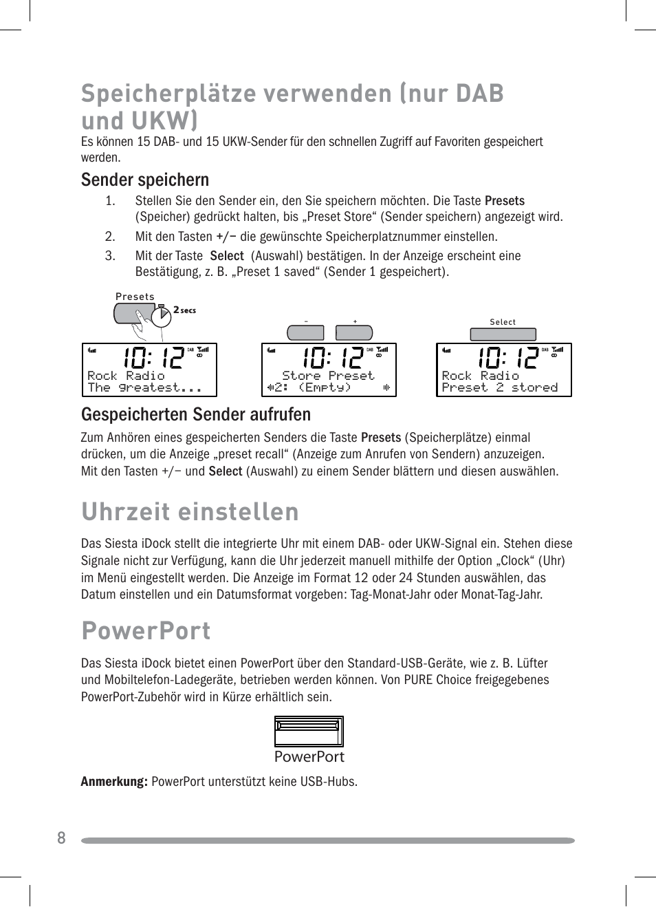 Speicherplätze verwenden (nur dab und ukw), Uhrzeit einstellen, Powerport | Gespeicherten sender aufrufen, Sender speichern | Pure Siesta iDock User Manual | Page 24 / 88