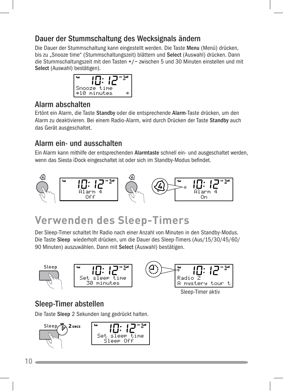 Verwenden des sleep-timers, Dauer der stummschaltung des wecksignals ändern, Sleep-timer abstellen | Alarm abschalten, Alarm ein- und ausschalten | Pure Siesta iDock User Manual | Page 26 / 88
