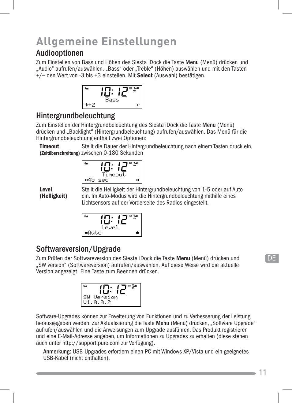 Allgemeine einstellungen, Audiooptionen, Hintergrundbeleuchtung | Softwareversion/upgrade | Pure Siesta iDock User Manual | Page 27 / 88