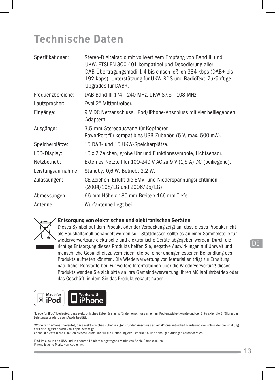 Technische daten | Pure Siesta iDock User Manual | Page 29 / 88