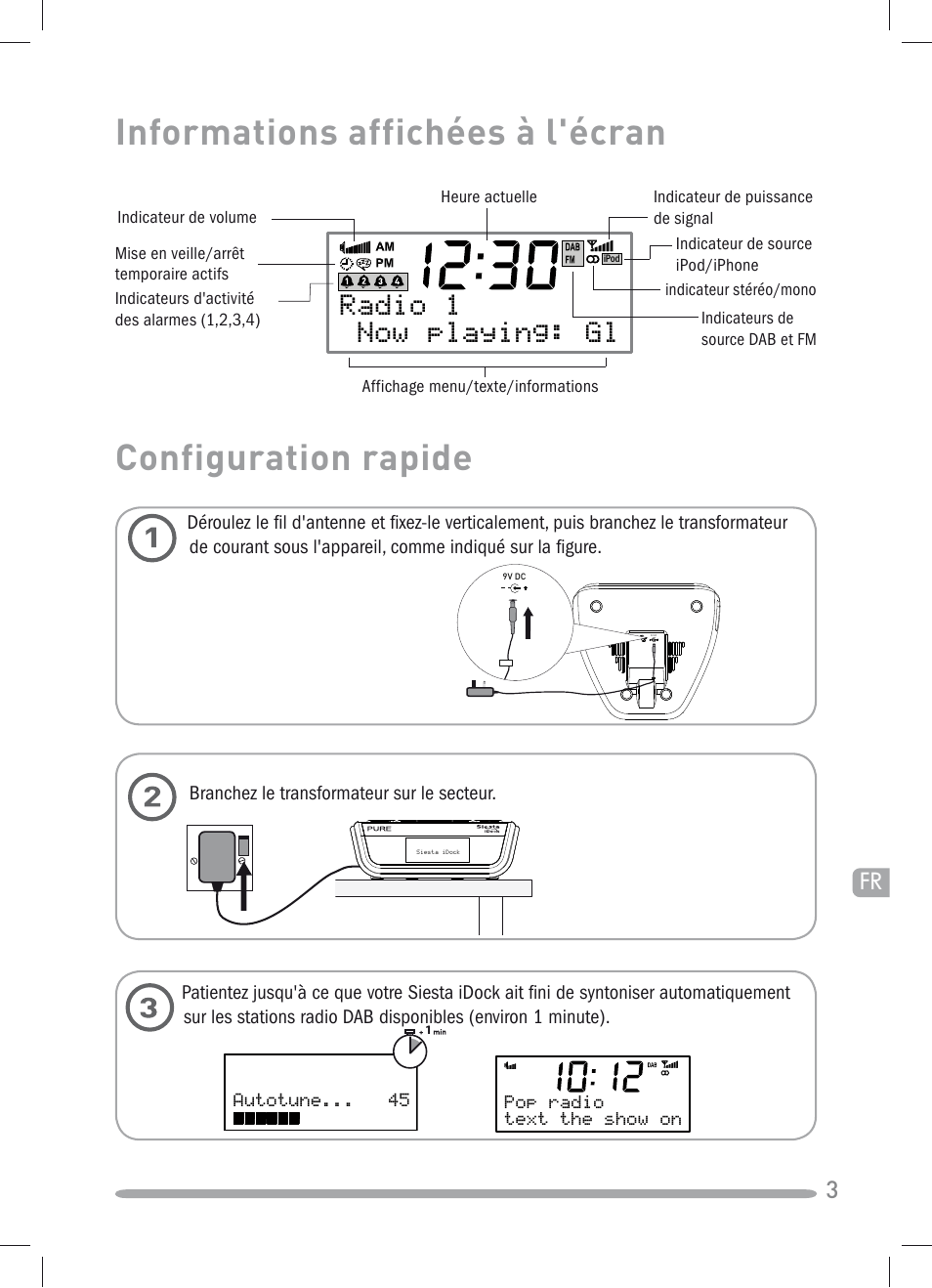 Informations affichées à l'écran, Configuration rapide, Apsx^  =^f_[phx]v)6 | Pure Siesta iDock User Manual | Page 33 / 88