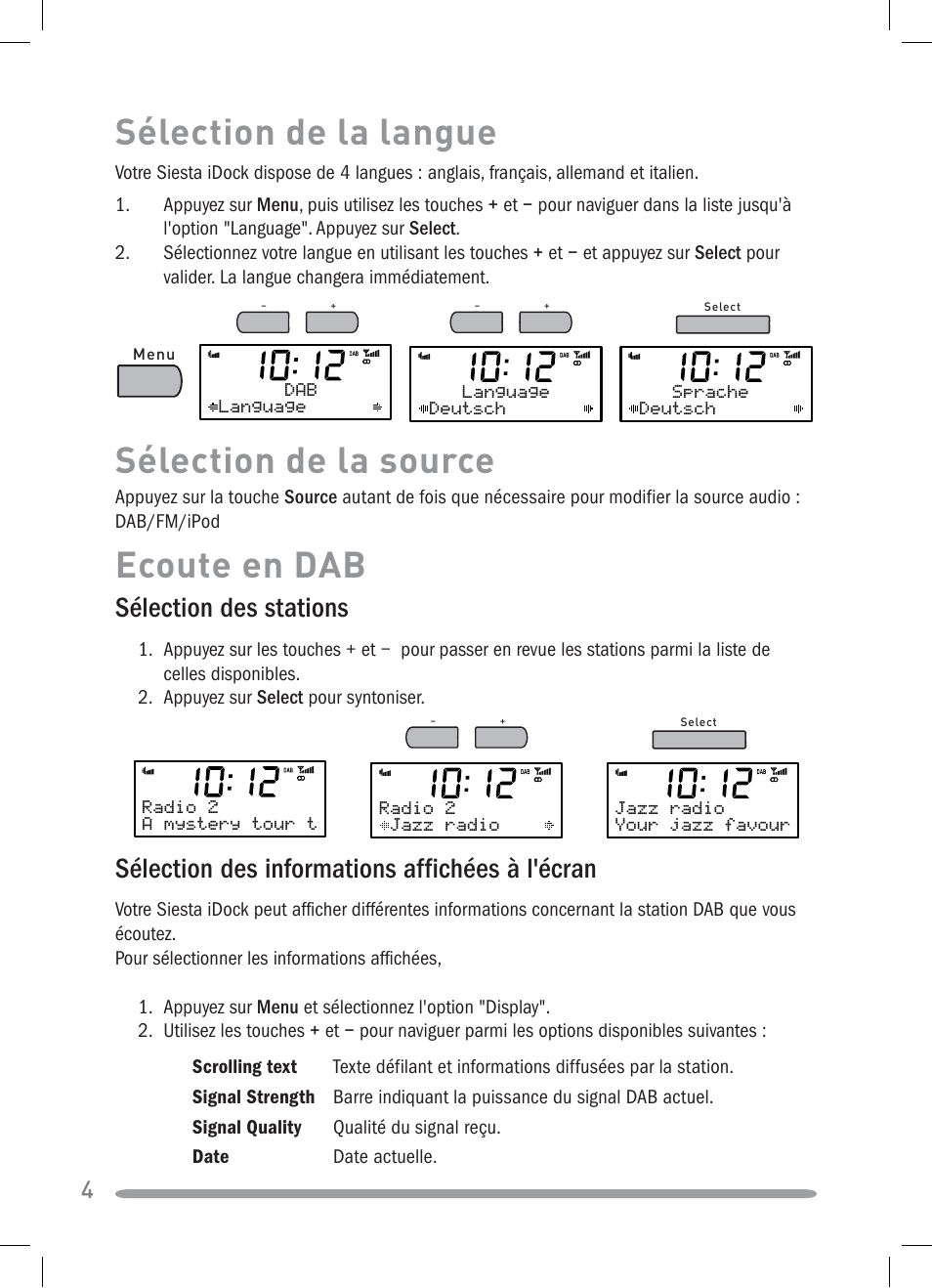 Ecoute en dab sélection de la langue, Sélection de la source, Sélection des stations | Sélection des informations affichées à l'écran | Pure Siesta iDock User Manual | Page 34 / 88