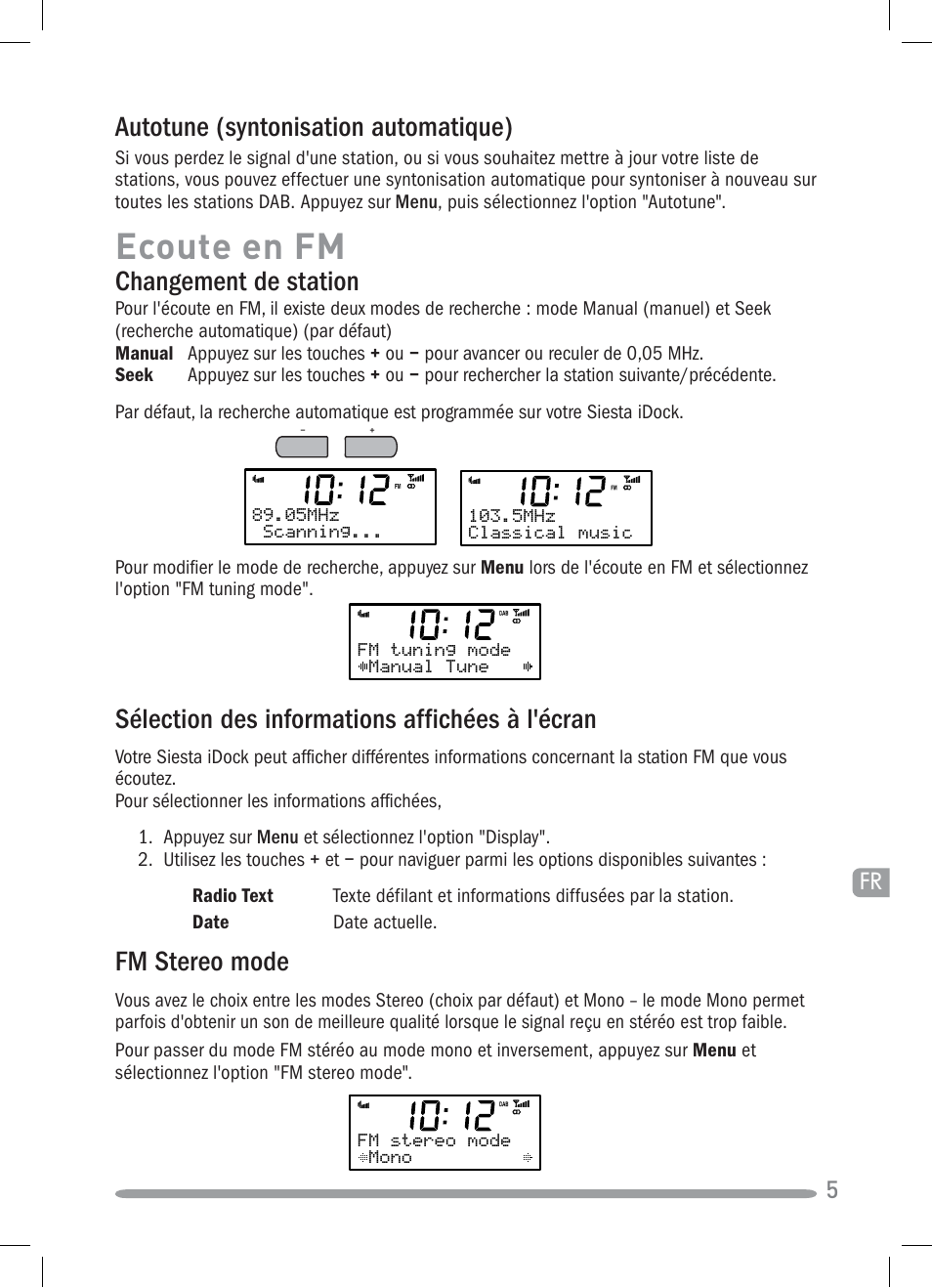 Ecoute en fm, Changement de station, Fm stereo mode | Sélection des informations affichées à l'écran, Autotune (syntonisation automatique) | Pure Siesta iDock User Manual | Page 35 / 88