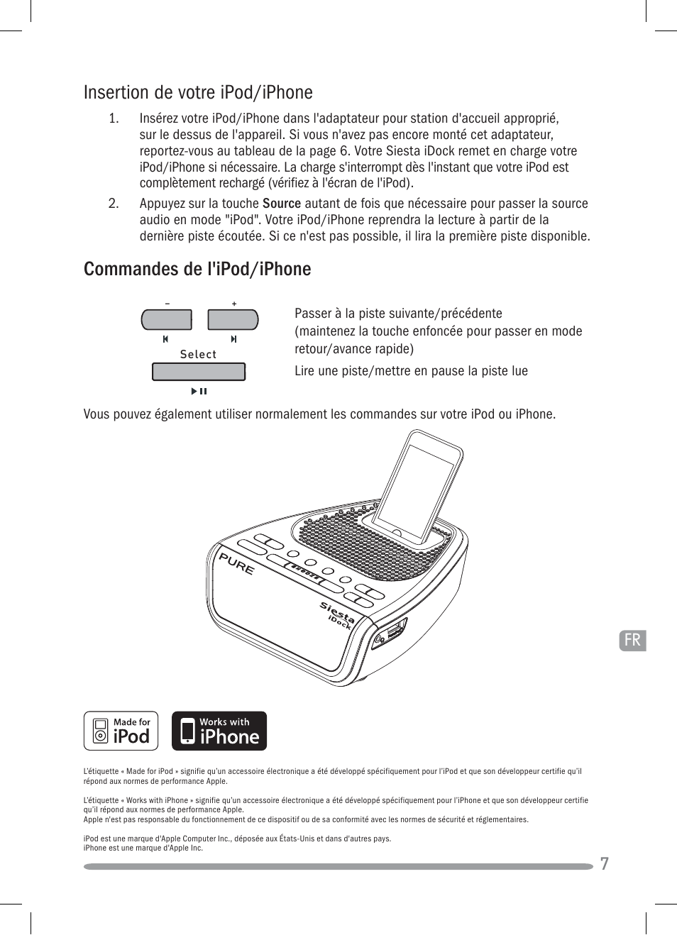 Insertion de votre ipod/iphone, Commandes de l'ipod/iphone | Pure Siesta iDock User Manual | Page 37 / 88