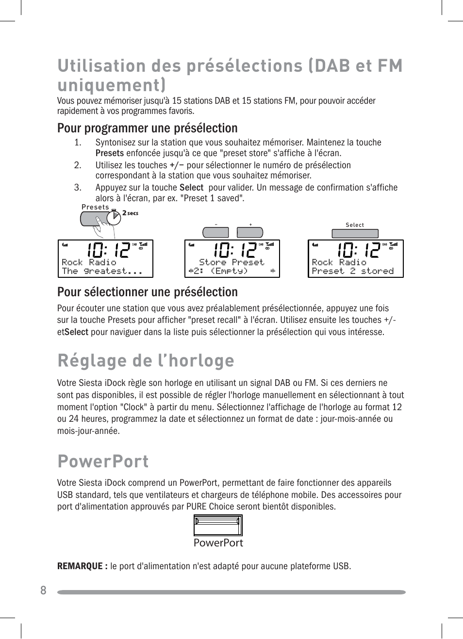 Réglage de l’horloge, Powerport, Pour sélectionner une présélection | Pour programmer une présélection | Pure Siesta iDock User Manual | Page 38 / 88