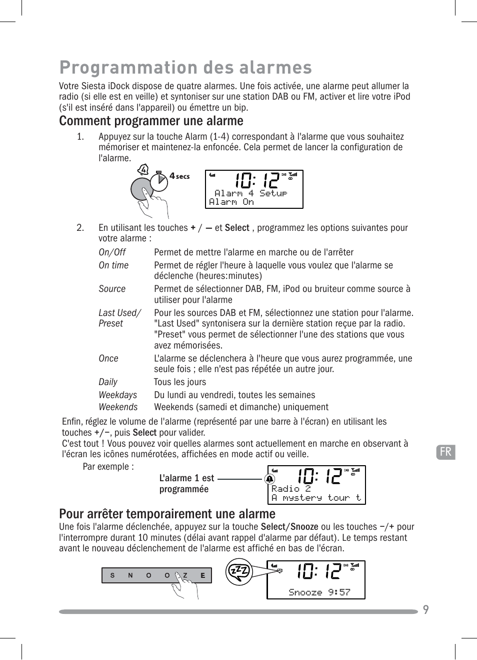 Programmation des alarmes, Pour arrêter temporairement une alarme, Comment programmer une alarme | Pure Siesta iDock User Manual | Page 39 / 88