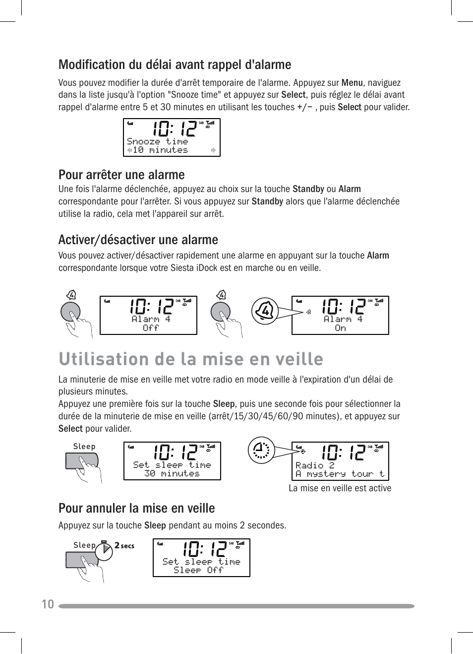 Utilisation de la mise en veille, Modification du délai avant rappel d'alarme, Pour annuler la mise en veille | Pour arrêter une alarme, Activer/désactiver une alarme | Pure Siesta iDock User Manual | Page 40 / 88
