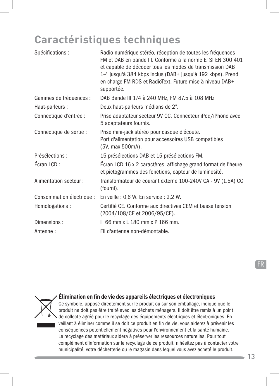 Caractéristiques techniques | Pure Siesta iDock User Manual | Page 43 / 88