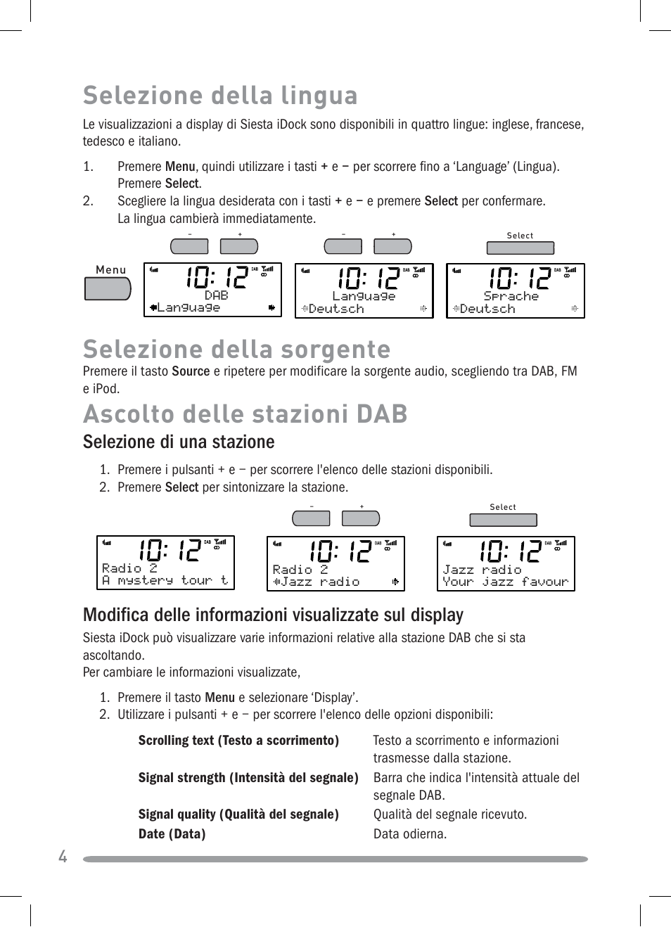 Ascolto delle stazioni dab selezione della lingua, Selezione della sorgente, Selezione di una stazione | Pure Siesta iDock User Manual | Page 48 / 88