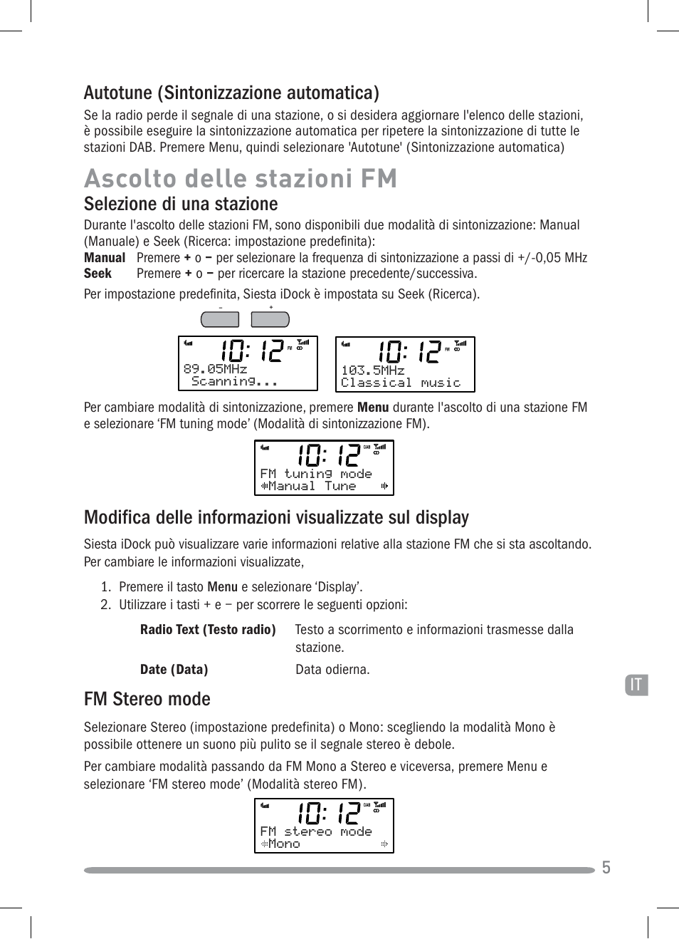 Ascolto delle stazioni fm, Selezione di una stazione, Fm stereo mode | Autotune (sintonizzazione automatica) | Pure Siesta iDock User Manual | Page 49 / 88