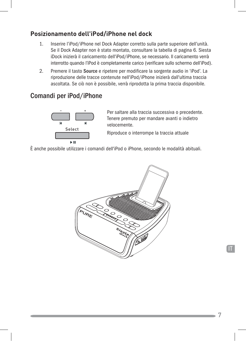 Comandi per ipod/iphone, Posizionamento dell'ipod/iphone nel dock | Pure Siesta iDock User Manual | Page 51 / 88