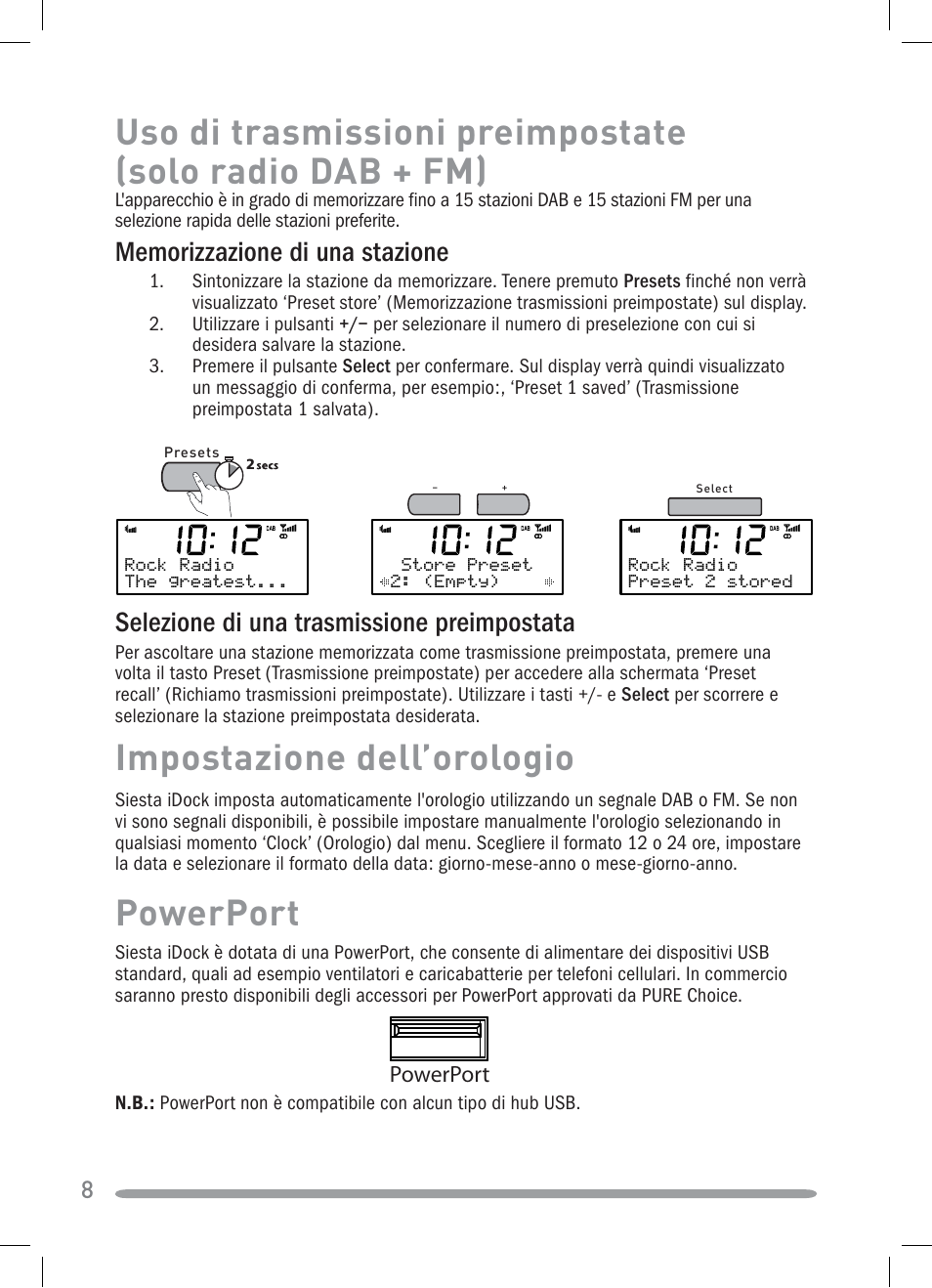 Impostazione dell’orologio, Powerport, Selezione di una trasmissione preimpostata | Pure Siesta iDock User Manual | Page 52 / 88