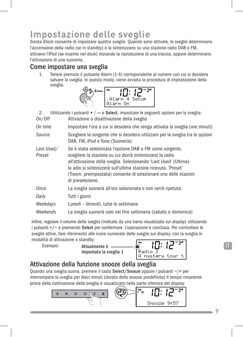 Impostazione delle sveglie, Attivazione della funzione snooze della sveglia, Come impostare una sveglia | Pure Siesta iDock User Manual | Page 53 / 88