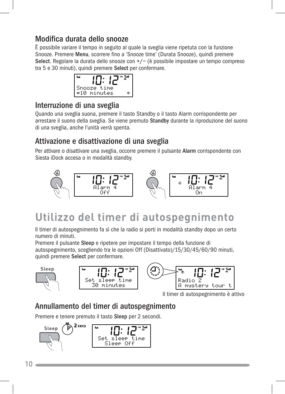 Utilizzo del timer di autospegnimento, Modifica durata dello snooze, Annullamento del timer di autospegnimento | Interruzione di una sveglia, Attivazione e disattivazione di una sveglia | Pure Siesta iDock User Manual | Page 54 / 88