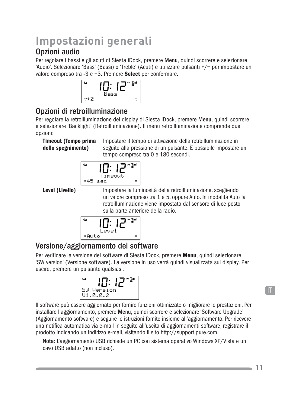 Impostazioni generali, Opzioni audio, Opzioni di retroilluminazione | Versione/aggiornamento del software | Pure Siesta iDock User Manual | Page 55 / 88