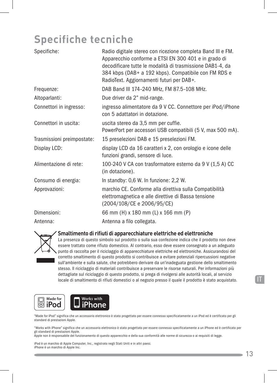Specifiche tecniche | Pure Siesta iDock User Manual | Page 57 / 88