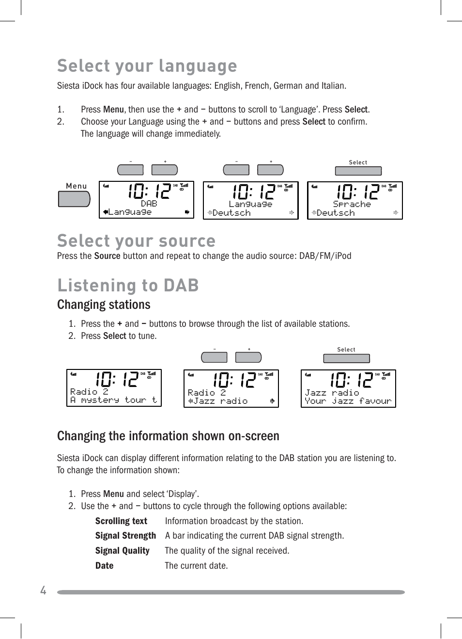 Listening to dab select your language, Select your source, Changing stations | Changing the information shown on-screen | Pure Siesta iDock User Manual | Page 6 / 88