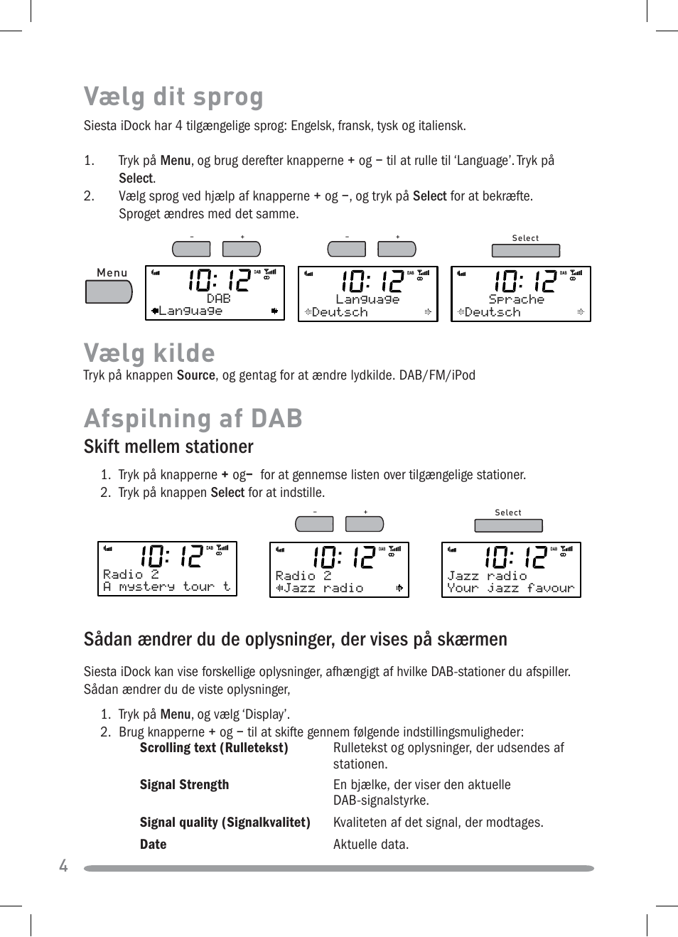 Afspilning af dab vælg dit sprog, Vælg kilde, Skift mellem stationer | Pure Siesta iDock User Manual | Page 62 / 88