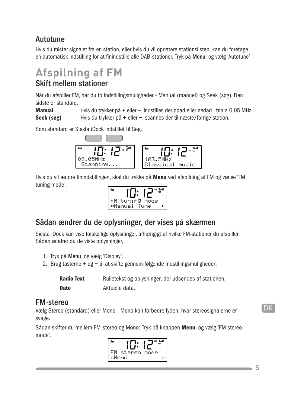 Afspilning af fm, Skift mellem stationer, Fm-stereo | Autotune | Pure Siesta iDock User Manual | Page 63 / 88