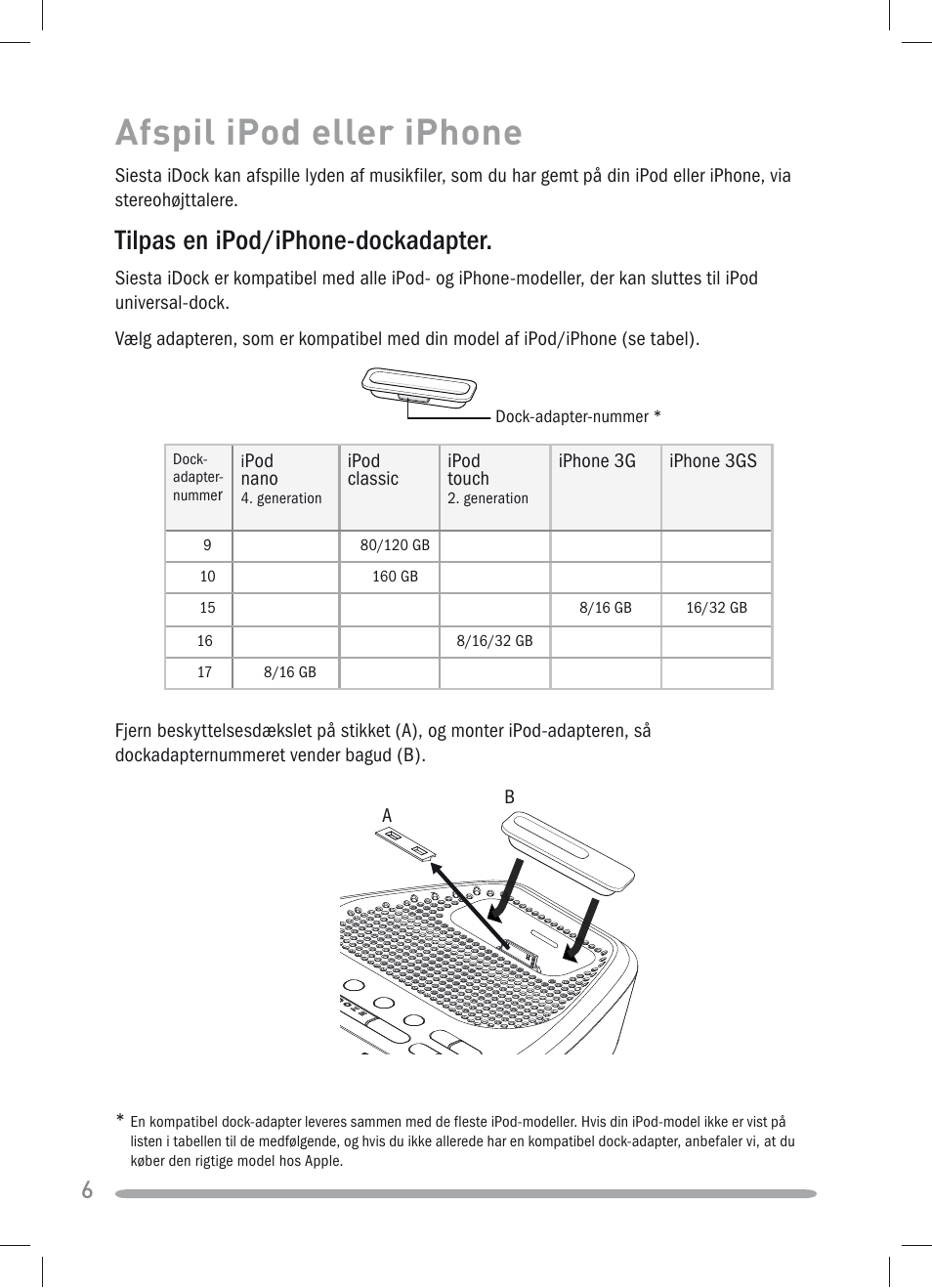 Afspil ipod eller iphone, Tilpas en ipod/iphone-dockadapter | Pure Siesta iDock User Manual | Page 64 / 88