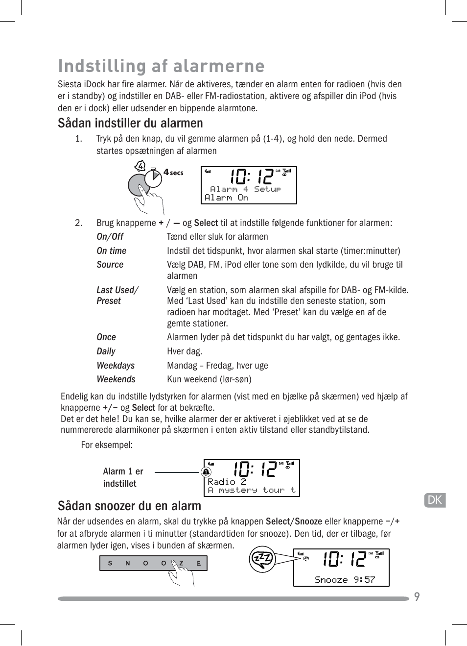Indstilling af alarmerne, Sådan snoozer du en alarm, Sådan indstiller du alarmen | Pure Siesta iDock User Manual | Page 67 / 88