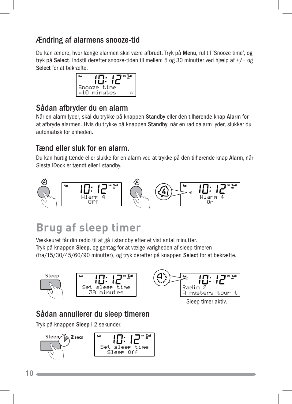 Brug af sleep timer, Ændring af alarmens snooze-tid, Sådan annullerer du sleep timeren | Sådan afbryder du en alarm, Tænd eller sluk for en alarm | Pure Siesta iDock User Manual | Page 68 / 88