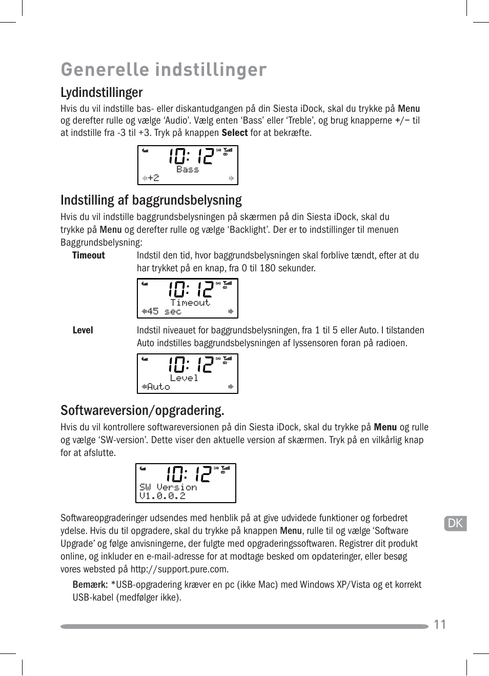 Generelle indstillinger, Lydindstillinger, Indstilling af baggrundsbelysning | Softwareversion/opgradering | Pure Siesta iDock User Manual | Page 69 / 88