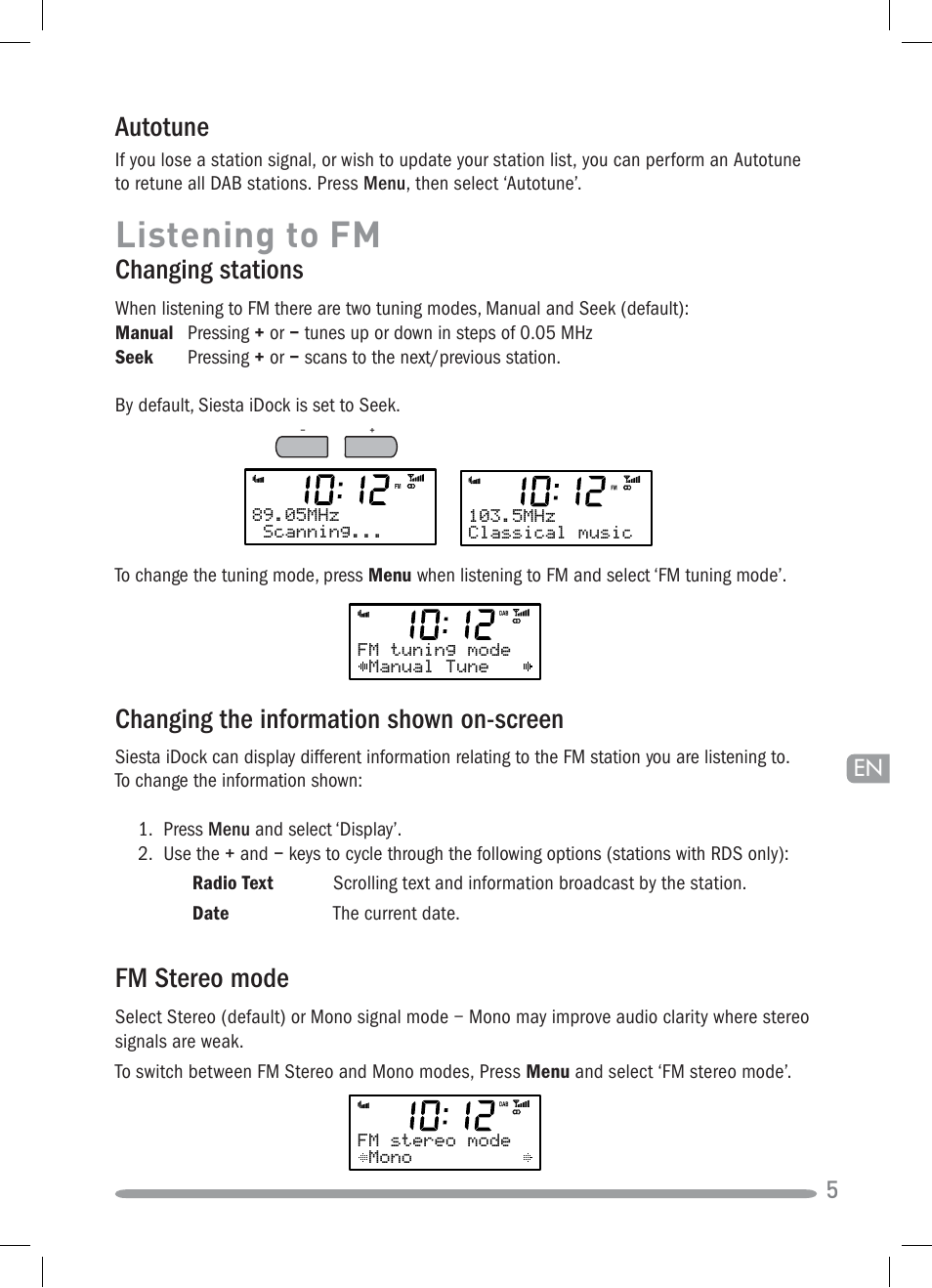 Listening to fm, Changing stations, Fm stereo mode | Changing the information shown on-screen, Autotune | Pure Siesta iDock User Manual | Page 7 / 88
